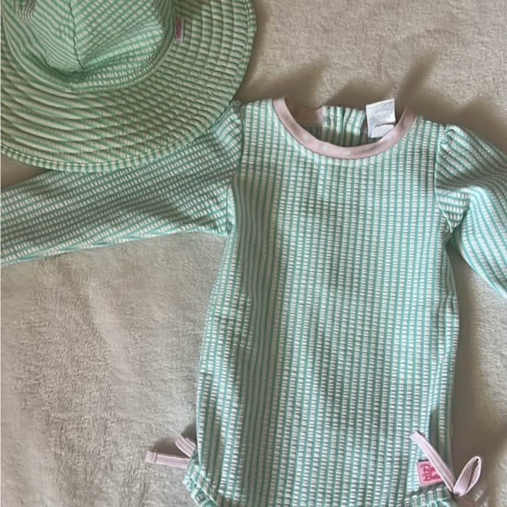 RuffleButt Green and Pink Swimsuit with Matching Hat